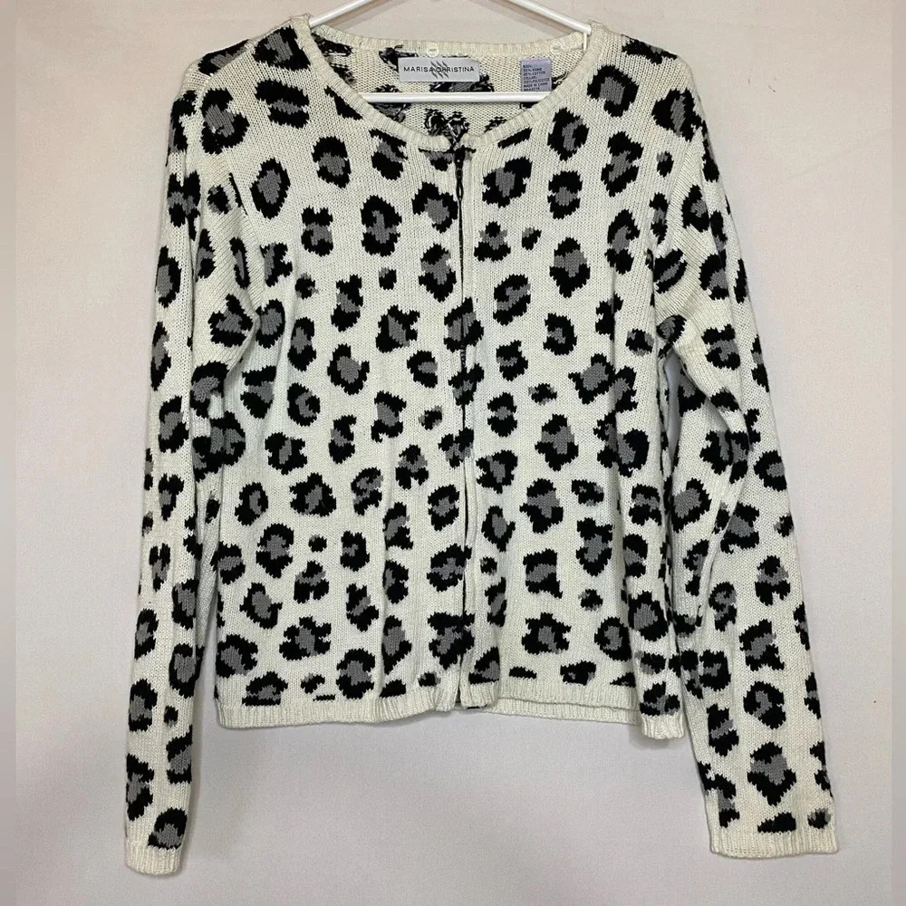 Marisa Christina Leopard, Zip up Cardigan Sweater, Size S, White, Black, Gray